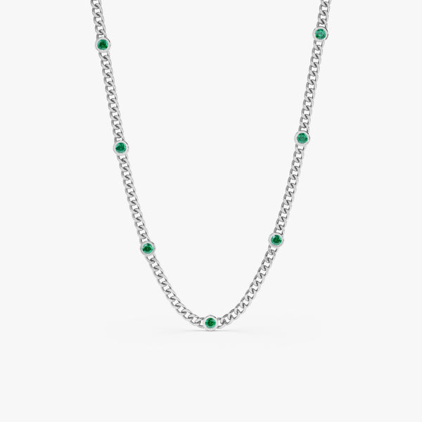 solid 14k white gold natural emerald station cuban chain necklace