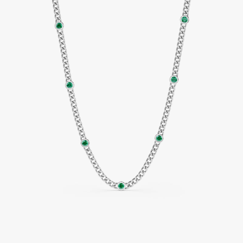 solid 14k white gold natural emerald station cuban chain necklace