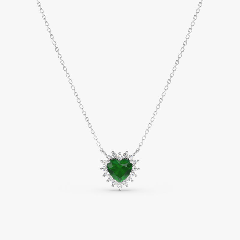 solid white gold necklace with heart shape emerald pendant and white diamonds 