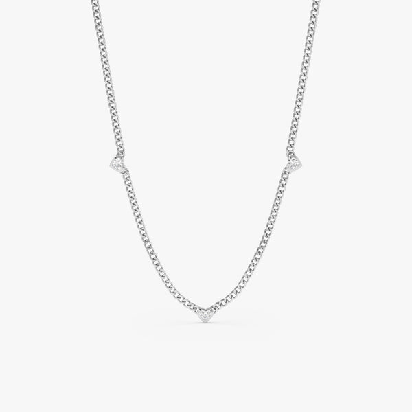 handmade solid white gold three diamond heart bezel cuban chain necklace