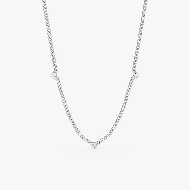 handmade solid white gold three diamond heart bezel cuban chain necklace