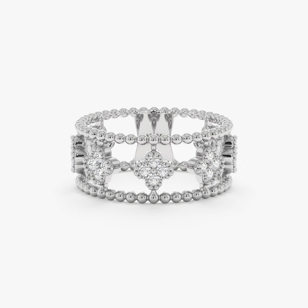 double band white gold ring with diamond clovers