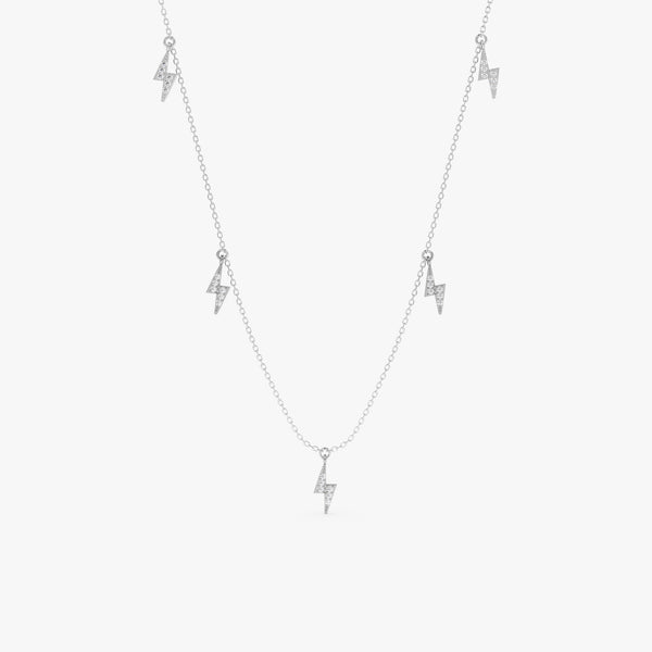 handcrafted 14k solid white gold necklace with natural paved diamonds lightning bolt charms