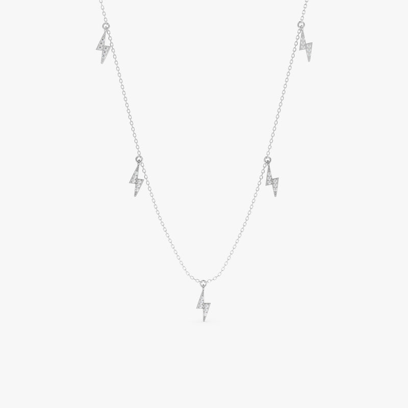handcrafted 14k solid white gold necklace with natural paved diamonds lightning bolt charms