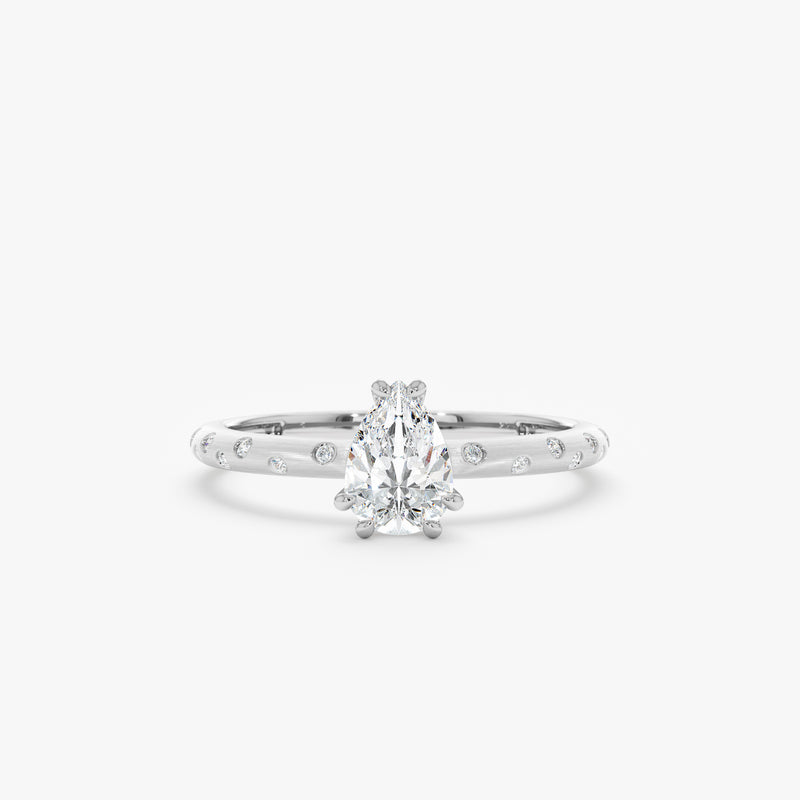 drop shape white diamond in brushed white gold band