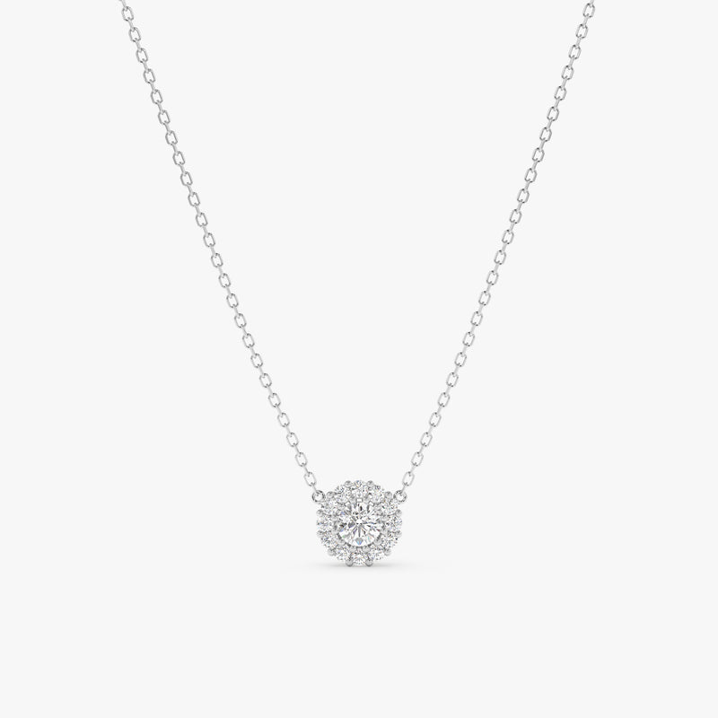 handmade solid 14k white gold disc halo pendant with natural diamonds