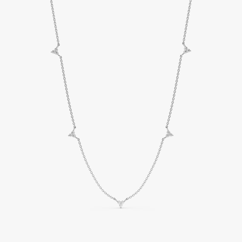 solid white gold trio diamond cluster station necklace