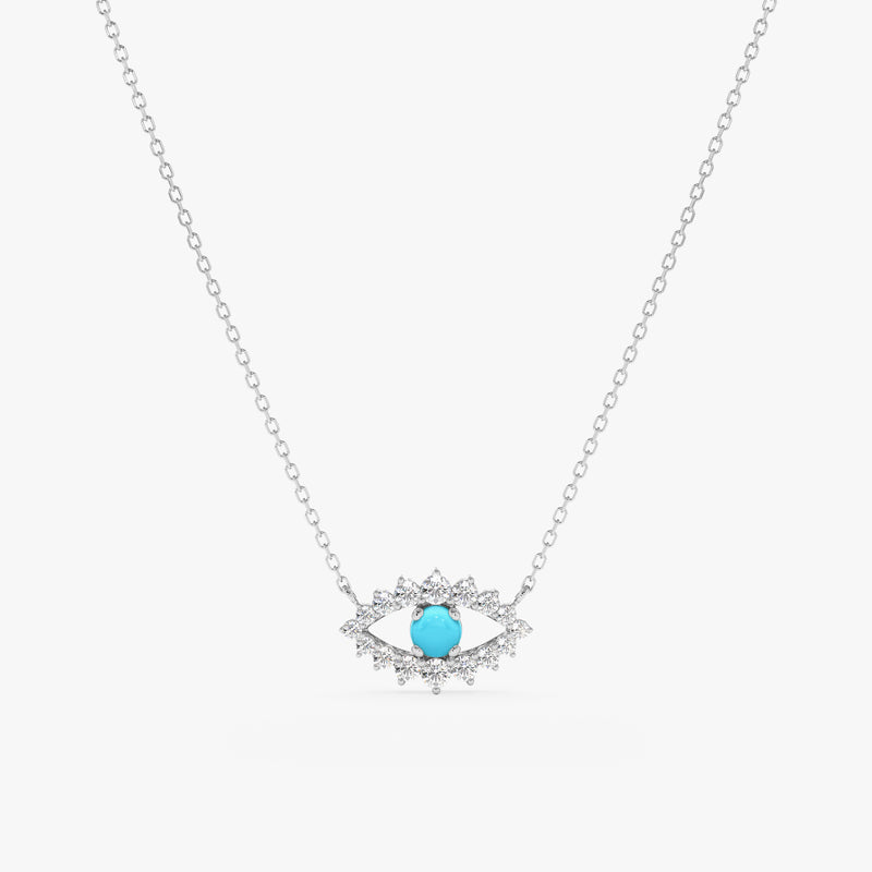 handmade solid white gold necklace with diamond eye pendant with turquoise stone