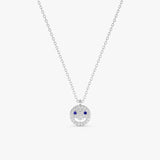 14k solid gold happy face necklace with diamonds and blue sapphires.