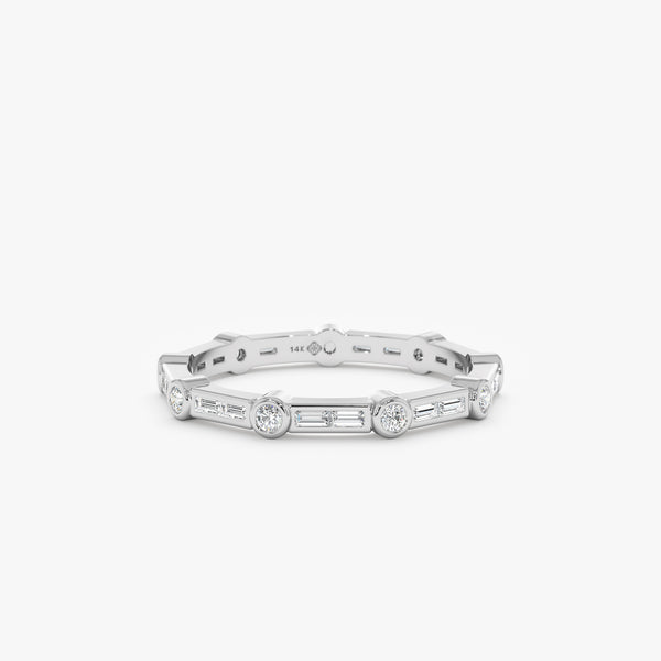 solid white gold ring with natural round white diamonds and baguette cut diamonds 