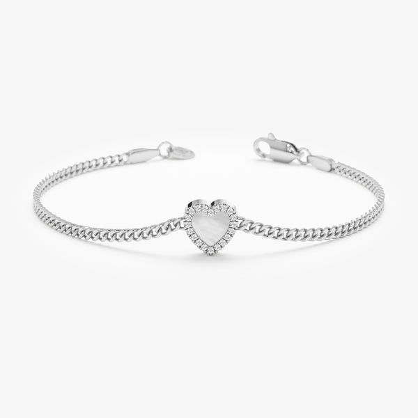 14k white gold Cuban chain with a freshwater pearl heart pendant