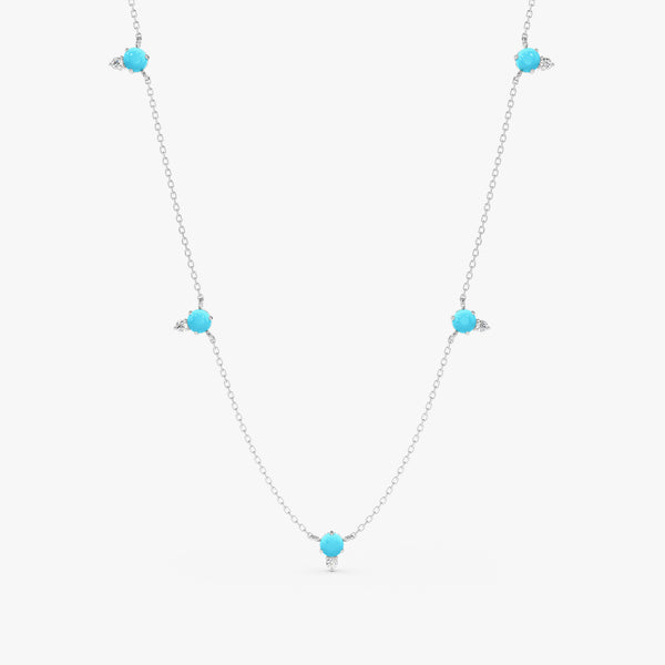 handcrafted solid white gold necklace with multiple turquoise stones and Natural white diamonds 