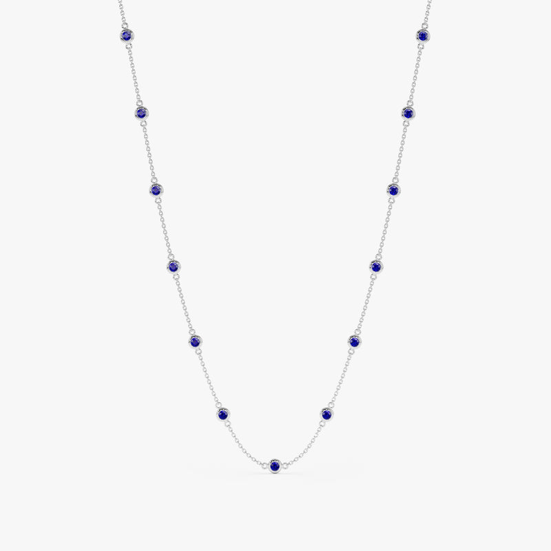 solid white gold bezel setting natural sapphire station necklace