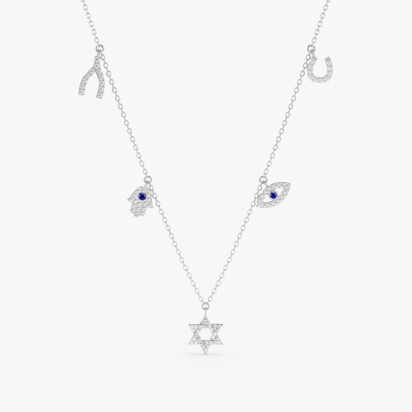 hamsa hand, wishbone. horseshoe, evil eye. star of david paved diamond charms on solid gold necklace