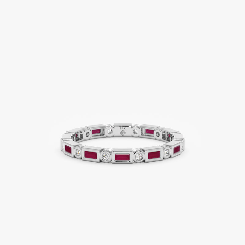 white gold baguette ruby round diamond band