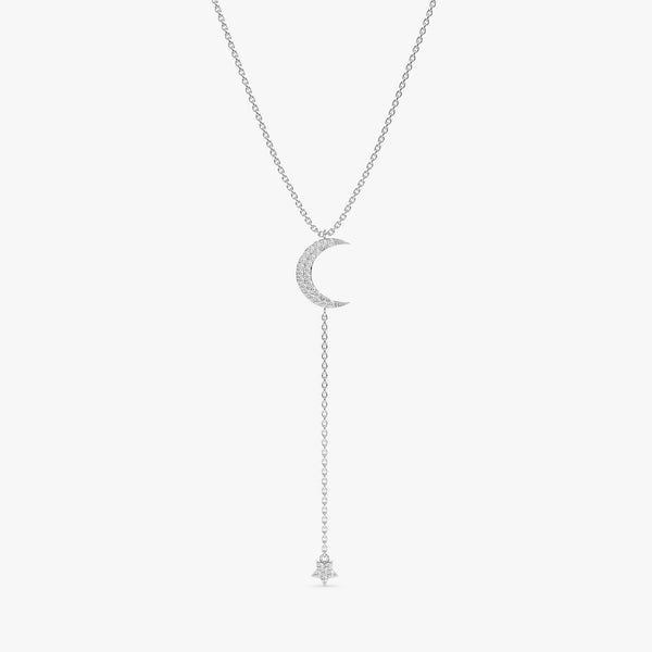 handcrafted cable chain necklace in white gold with paved diamond moon and hanging star