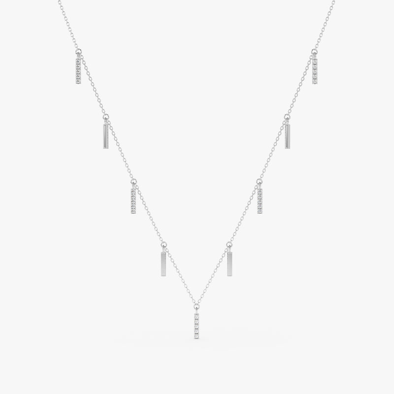 handmade 14k solid white gold multiple diamond bar charms necklace