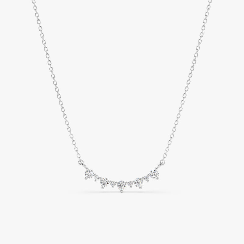 handcrafted 14k solid white gold curved diamond cluster bar pendant necklace