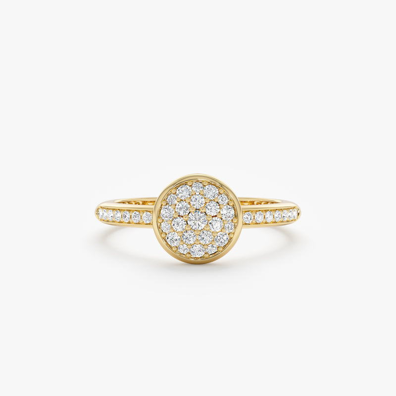 Round pave diamond engagement ring in yellow gold