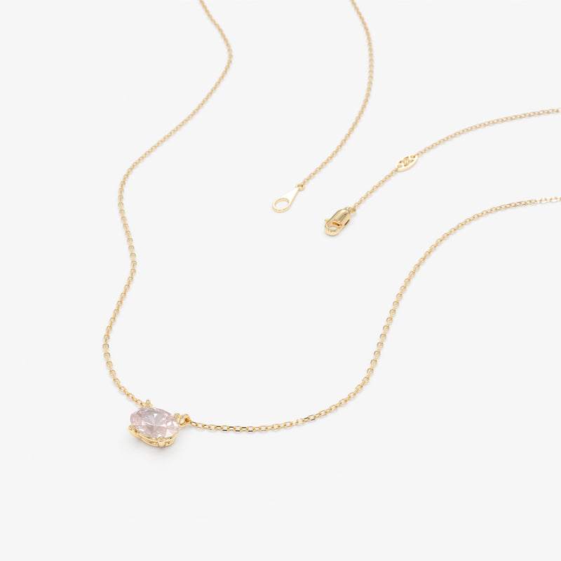 Solid Gold Rose Quartz Oval Necklace, Loa