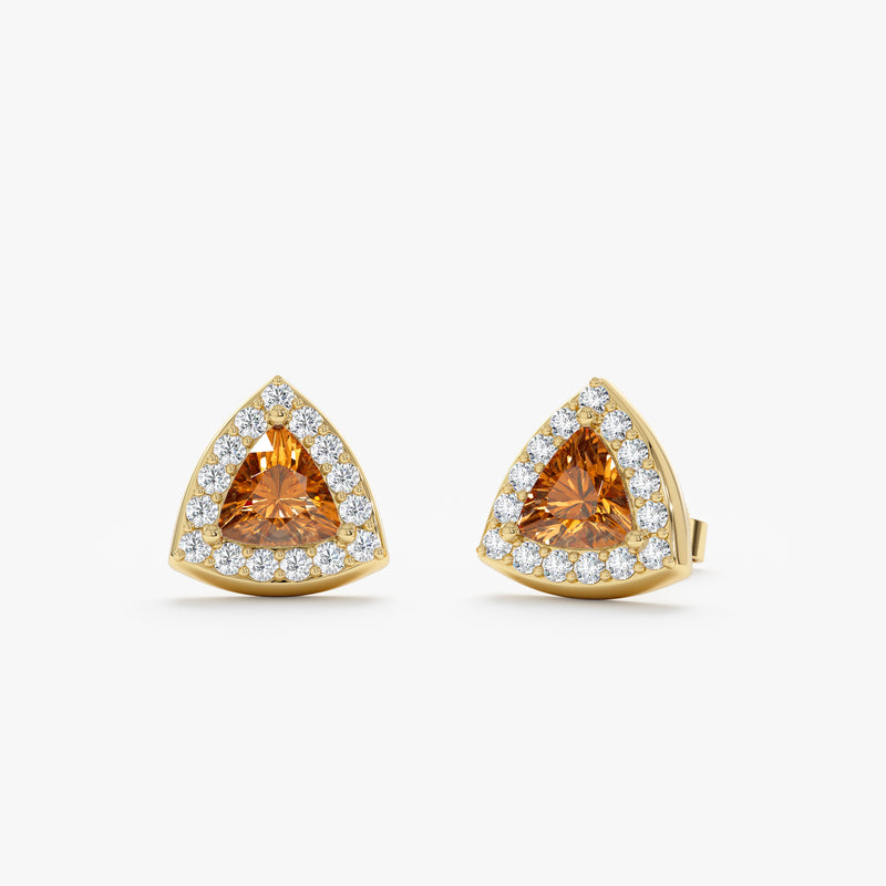 Trillion Cut Citrine Stud with Diamond Halo, Ziva