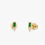 handmade solid 14k gold emerald baguette cut diamond stud earrings