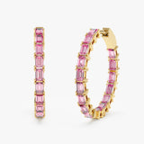 yellow gold baguette pink sapphire hoops