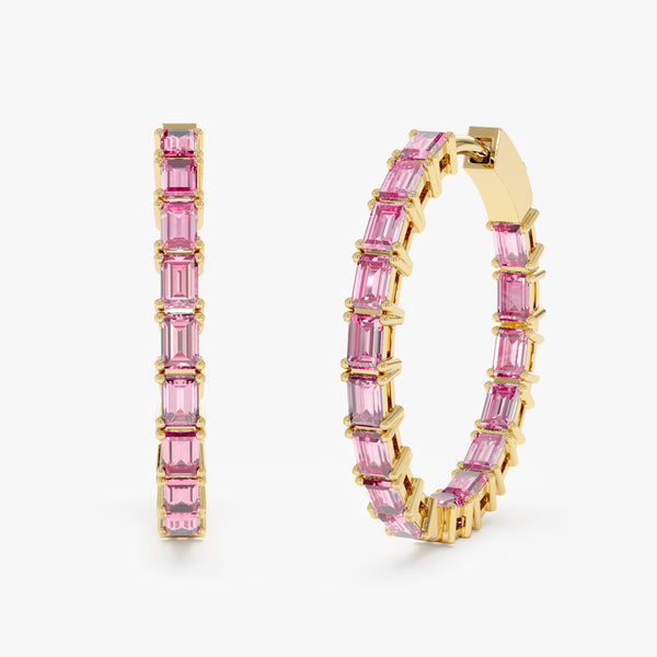 yellow gold baguette pink sapphire hoops