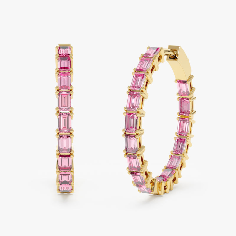 yellow gold baguette pink sapphire hoops
