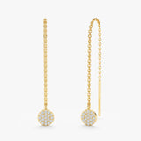 Pair of threader hanging earrings in 14k solid gold with paved diamond disc