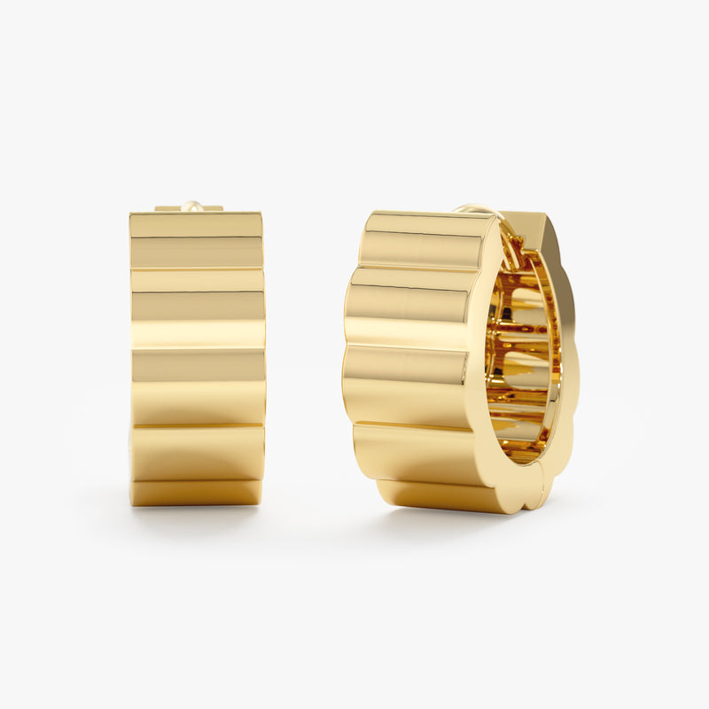 Pair of solid yellow gold grosgrain huggy hoop earrings