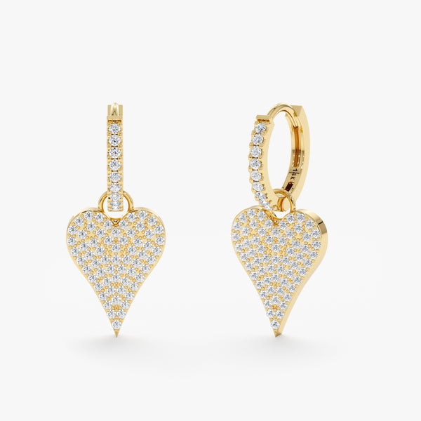 Handmade pair of solid 14k gold diamond paved heart huggie earrings