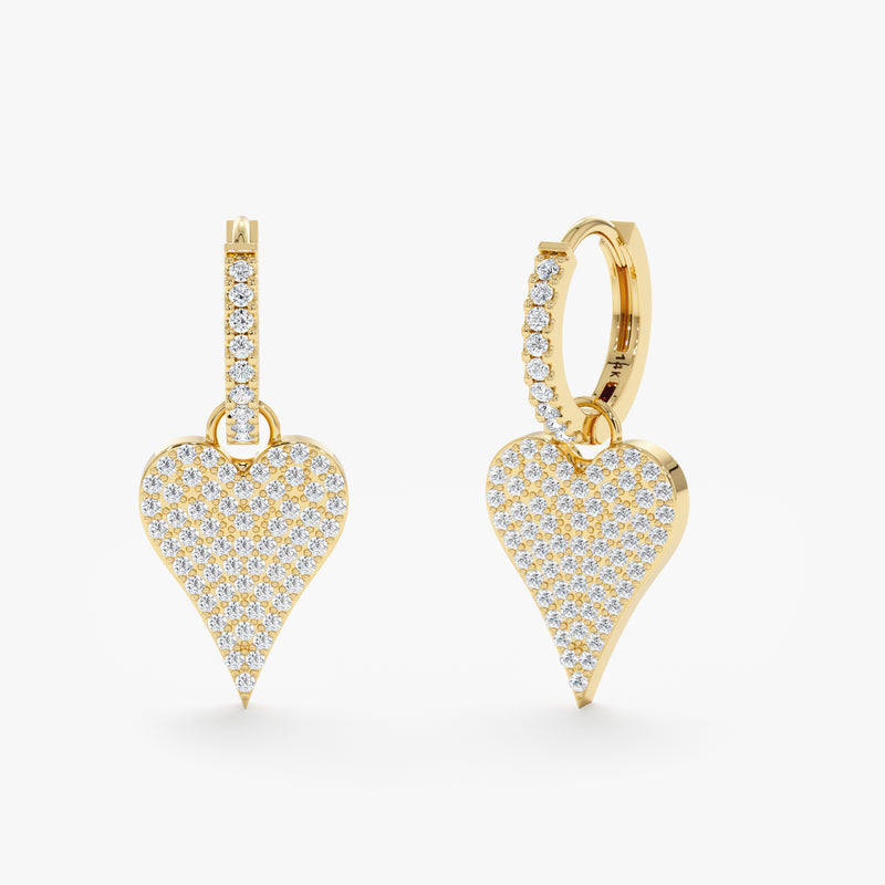 Handmade pair of solid 14k gold diamond paved heart huggie earrings