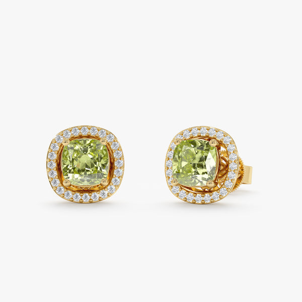 Natural Peridot Studs with Diamond Halo, Elswyth