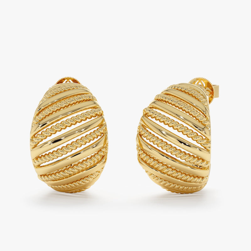 Solid Gold Ribbed & Beaded Hoops, Evadne