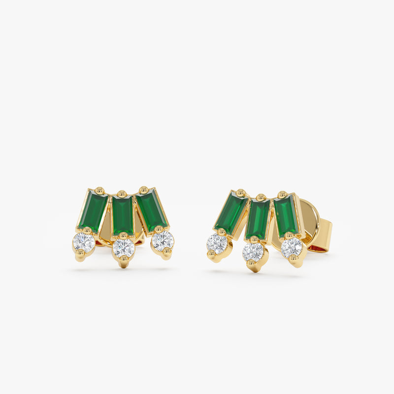 Handmade pair of solid 14k yellow gold three emerald baguette stud with three bezel diamonds