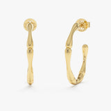 Gold Wavy Hoop Earrings, Bamboo Design, Queniva