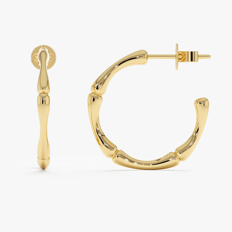 Gold Wavy Hoop Earrings, Bamboo Design, Queniva