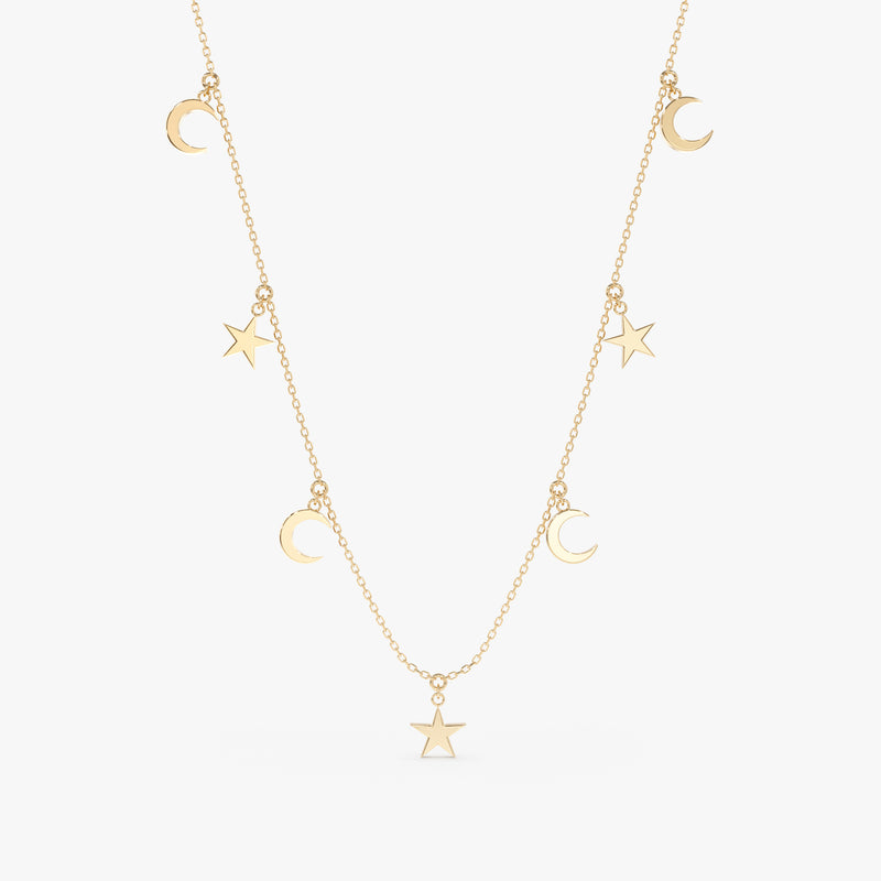 handmade solid gold moon and star hanging charms necklace