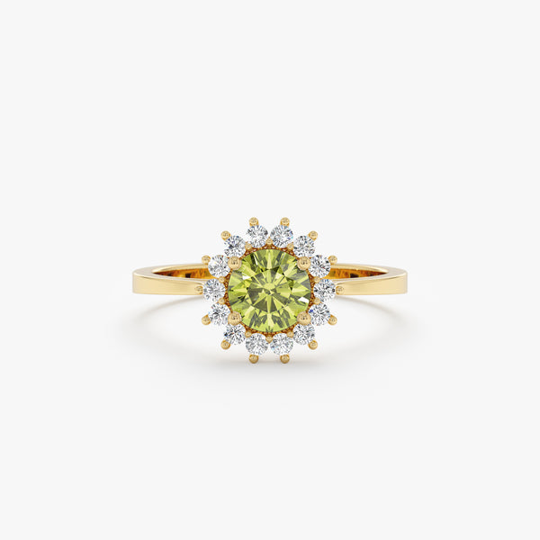 round peridot engagement ring with diamond halo in solid gold 