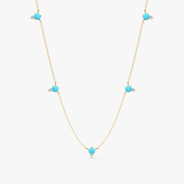 Handmade solid gold necklace with natural multiple turquoise and diamonds station necklace