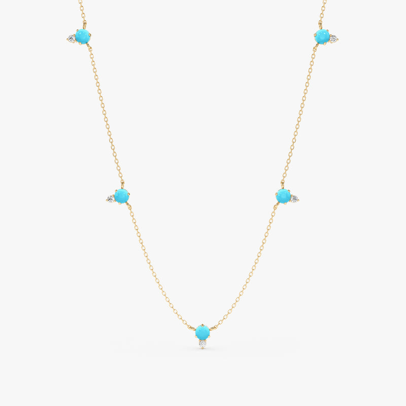 Handmade solid gold necklace with natural multiple turquoise and diamonds station necklace
