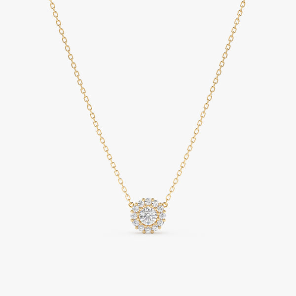 handmade solid 14k gold necklace with halo pendant in paved natural diamonds