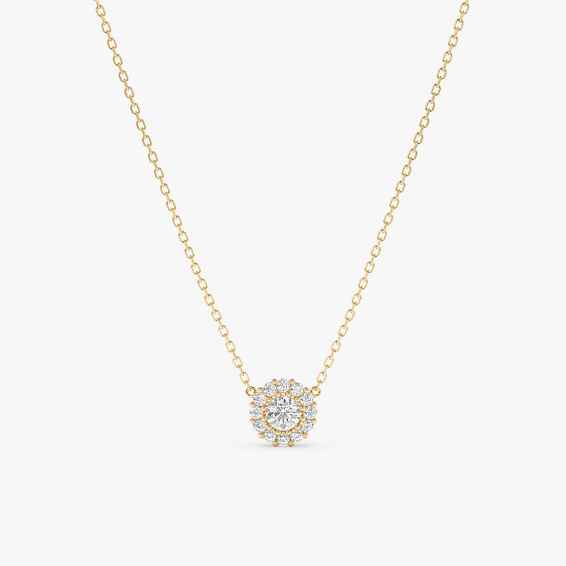 handmade solid 14k gold necklace with halo pendant in paved natural diamonds