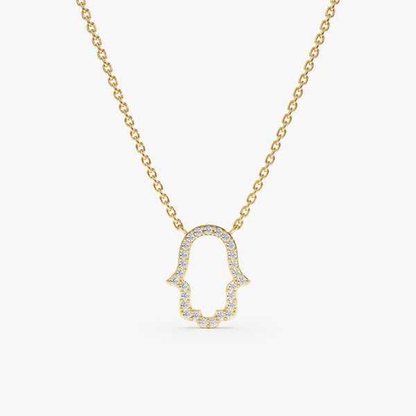 handmade solid gold hamsa hand outline with lined diamonds necklace