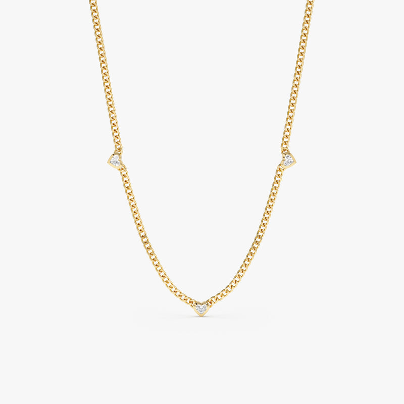 thin handmade cuban chain necklace with three station heart diamonds