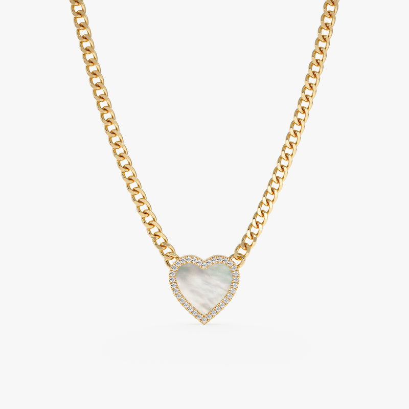 handmade solid 14k gold cuban chain necklace with heart pearl pendant in lined diamonds