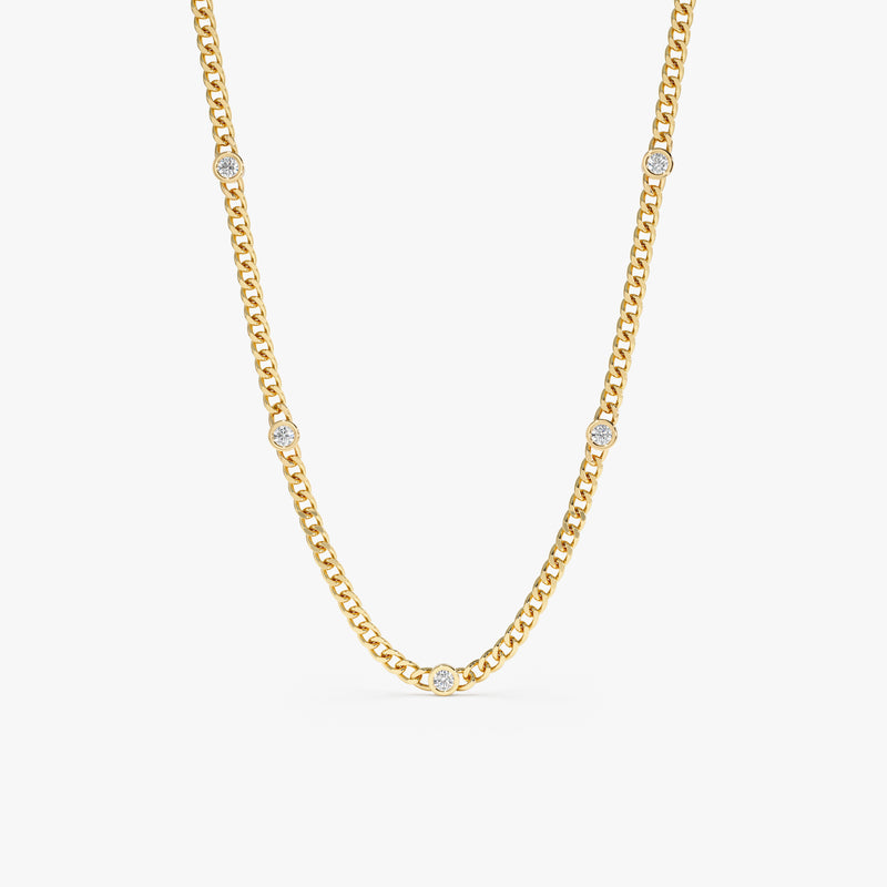 handmade solid 14k gold multiple diamond bezel cuban chain necklace