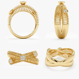 double ribbed bands statement ring with diamond bezel accents