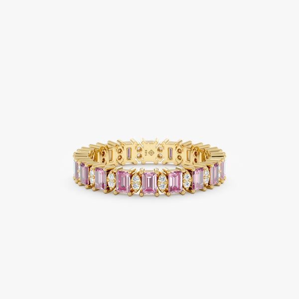 yellow gold eternity band with sapphire and diamond